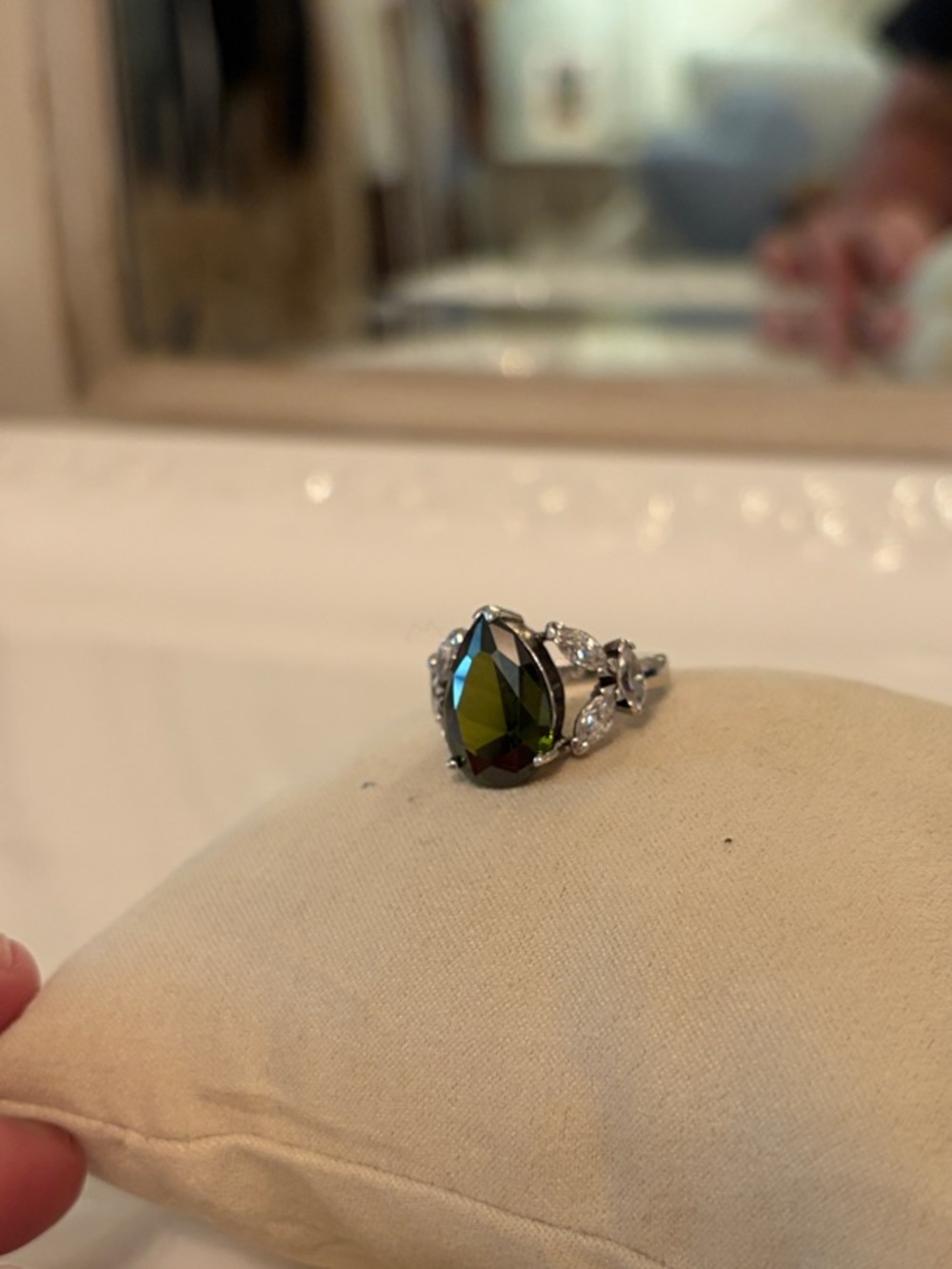 Large Green Teardrop Silver Ring